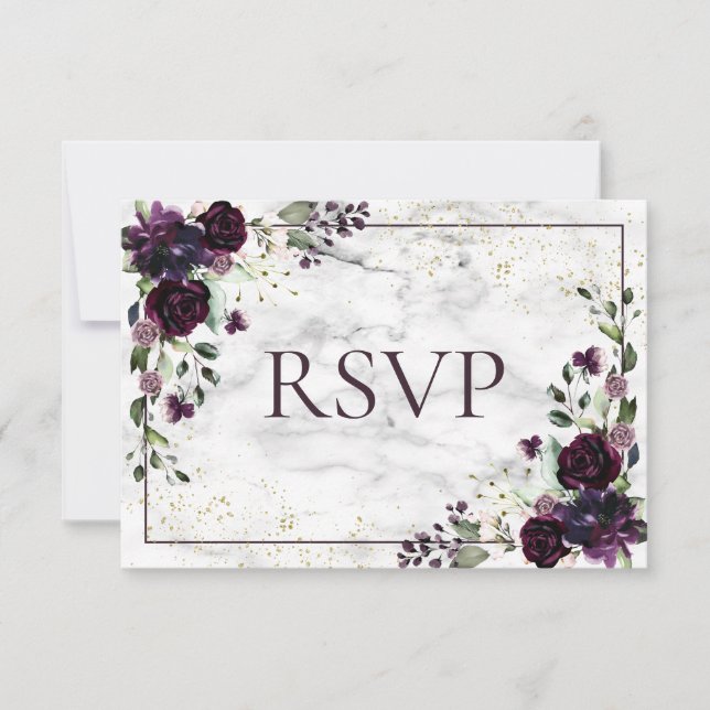 Plum Purple Gold Marble Fall Wedding RSVP Card (Front)