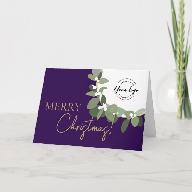 Plum purple gold Merry Christmas Company Logo  Holiday Card (Front)