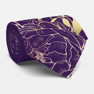 Plum Purple & Gold Peony Modern Floral Wedding Tie