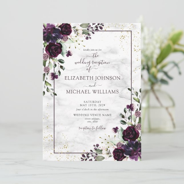 Plum Purple Gold Watercolor Marble Fall Reception Invitation (Standing Front)