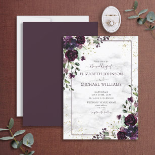 Plum Purple Gold Watercolor Marble Fall Wedding In Invitation