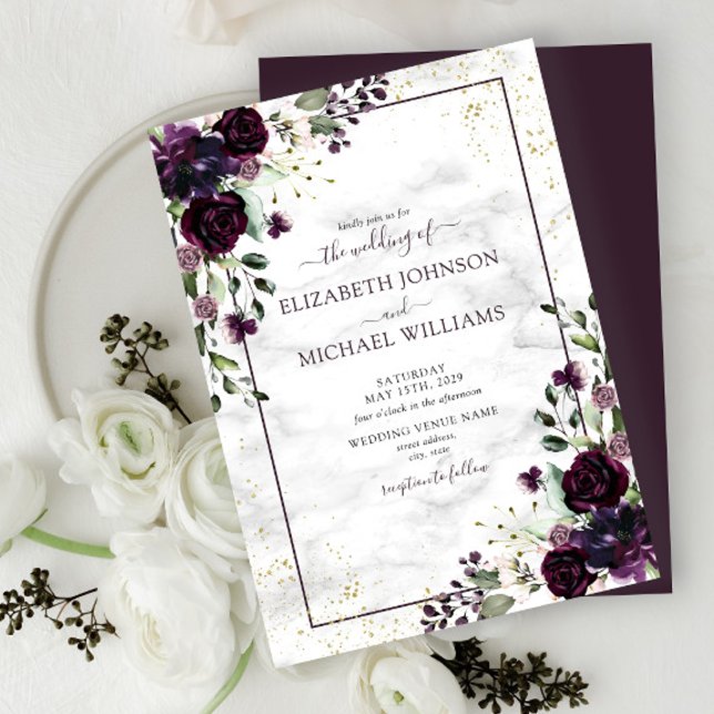 Plum Purple Gold Watercolor Marble Fall Wedding Invitation (Creator Uploaded)