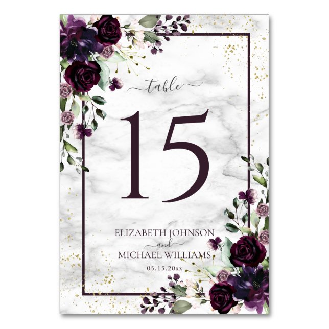 Plum Purple Gold Watercolor Marble Photo Wedding Table Number (Front)