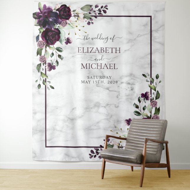 Plum Purple Gold Watercolor Marble Photo Wedding Tapestry (In Situ)