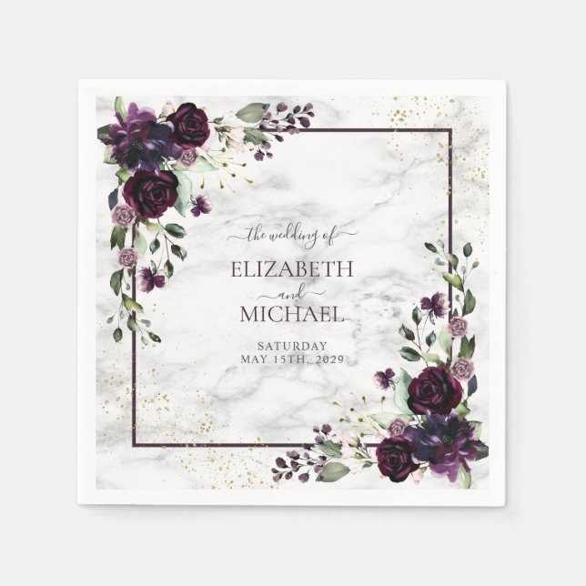Plum Purple Gold Watercolor Marble Wedding Napkin (Front)