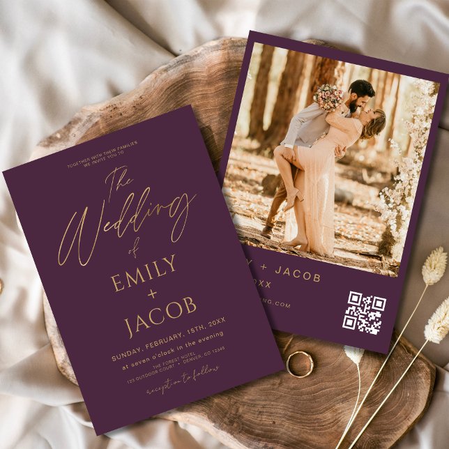 Plum Purple Gold Wedding QR Code Photo Script Invitation (Creator Uploaded)