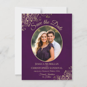 Plum Purple & Gold Wedding Save Date Oval Photo Magnetic Invitation