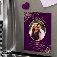 Plum Purple & Gold Wedding Save Date Oval Photo