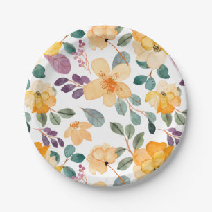 Plum Purple Golden Yellow Floral Paper Plate