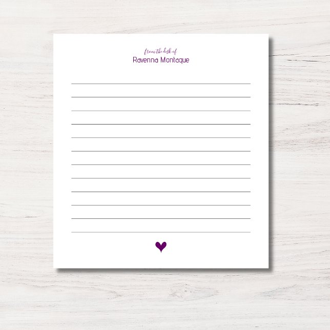 Plum Purple Heart Minimalist Custom Name Lined Notepad (Creator Uploaded)