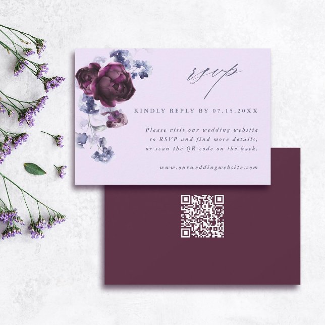 Plum Purple & Indigo Blue Elegant Floral QR Code  RSVP Card (Front & Back)