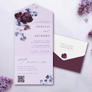 Plum Purple & Indigo Blue Elegant Floral Wedding All In One Invitation