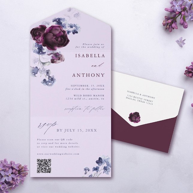 Plum Purple & Indigo Blue Elegant Floral Wedding All In One Invitation (Front & Back)