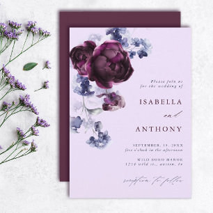 Plum Purple & Indigo Blue Elegant Floral Wedding Invitation