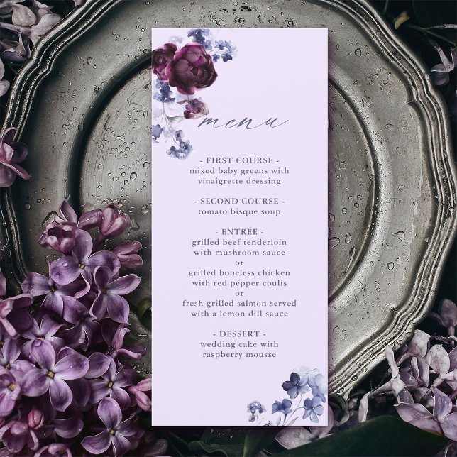 Plum Purple & Indigo Blue Elegant Floral Wedding Menu (Creator Uploaded)