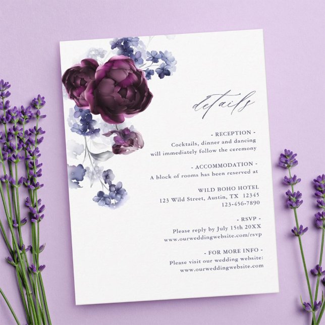 Plum Purple & Indigo Blue Floral Wedding Details Enclosure Card (Creator Uploaded)
