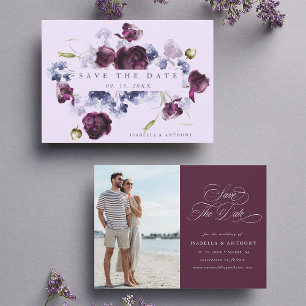 Plum Purple & Indigo Blue Floral Wedding Photo Save The Date