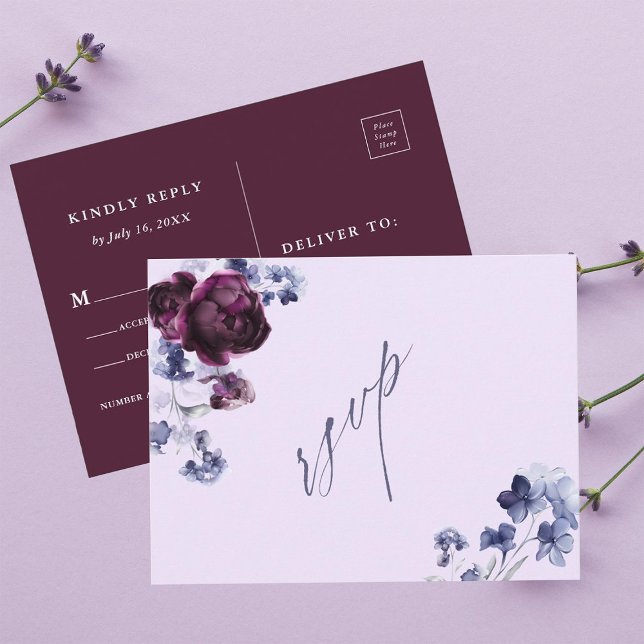 Plum Purple & Indigo Blue Floral Wedding RSVP Postcard (Front & Back)