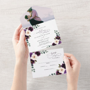 Plum Purple Ivory Eggplant Floral Photo Wedding All In One Invitation