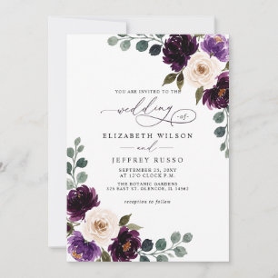 Plum Purple Ivory Eggplant Floral QR Code Wedding Invitation