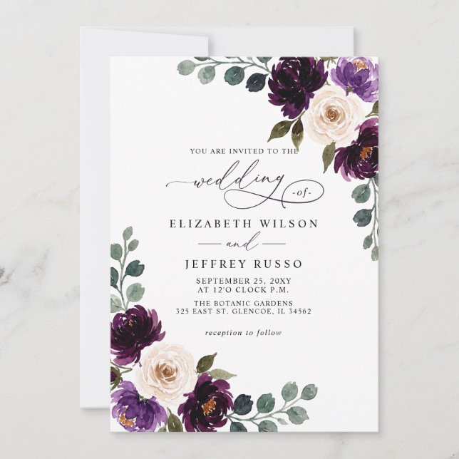 Plum Purple Ivory Eggplant Floral QR Code Wedding Invitation (Front)