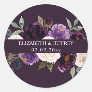 Plum Purple Ivory Eggplant Floral Wedding Classic Round Sticker