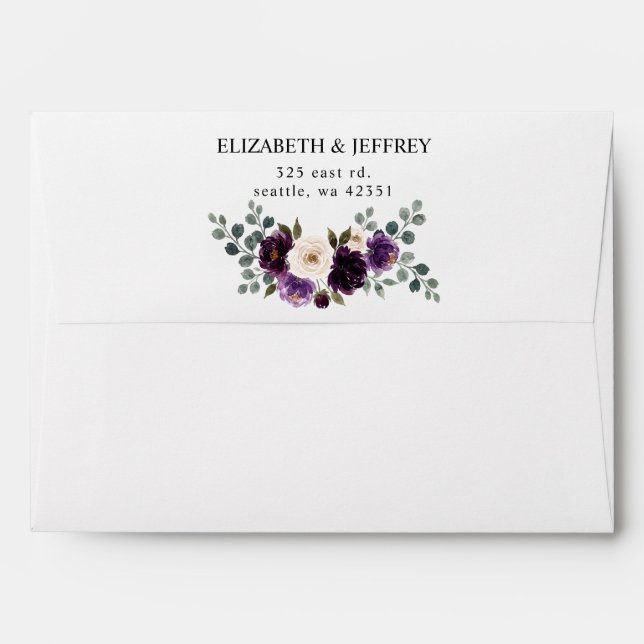Plum Purple Ivory Eggplant Floral Wedding Envelope (Back (Top Flap))