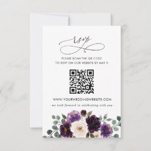 Plum Purple Ivory Eggplant Floral Wedding QR CODE RSVP Card