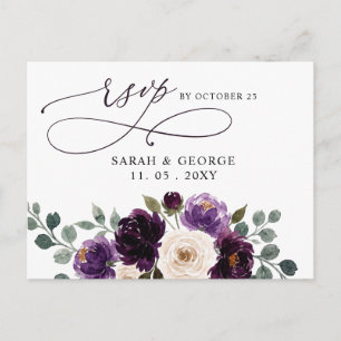 Plum Purple Ivory Eggplant Floral Wedding Rsvp Postcard