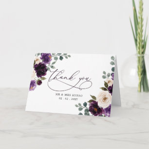 Plum Purple Ivory Eggplant Floral Wedding Thank You Card