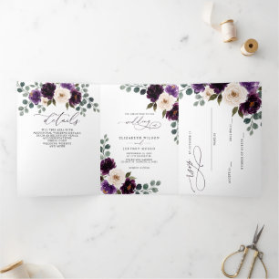Plum Purple Ivory Eggplant Floral Wedding Tri-Fold Invitation