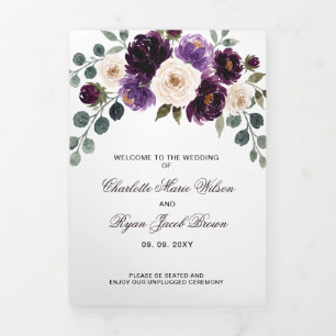 Plum Purple Ivory Eggplant Floral Wedding Tri-Fold Programme