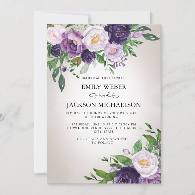 Plum Purple Lavender Greenery Grey Wedding Invitation (Front)