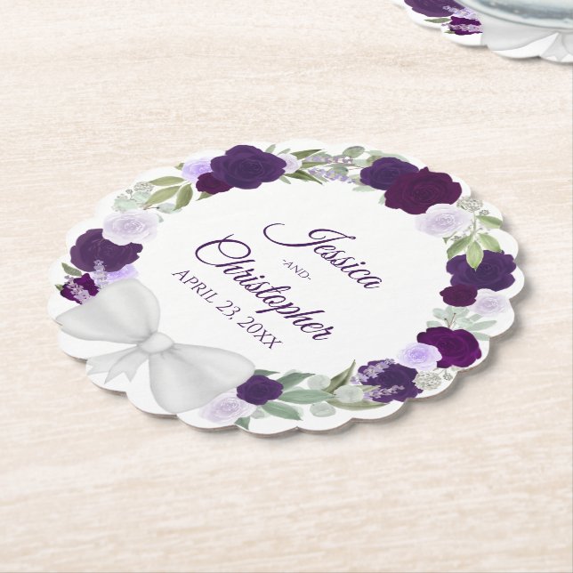 Plum Purple & Lavender Wreath of Roses Wedding Paper Coaster (Angled)