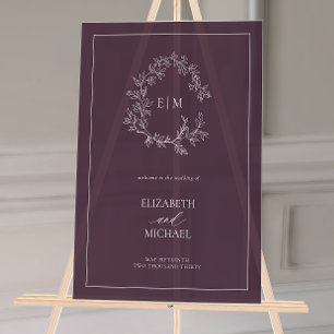 Plum Purple Leafy Crest Monogram Welcome Wedding Acrylic Sign
