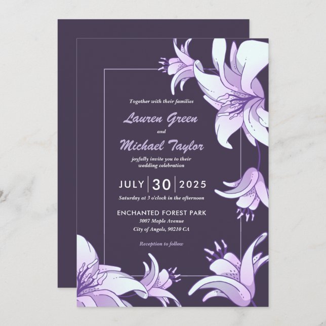 Plum Purple Lily Flower Floral Spring Wedding Invitation (Front/Back)