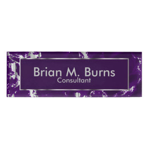 Plum Purple Marble and Silver Texture Design Name Tag
