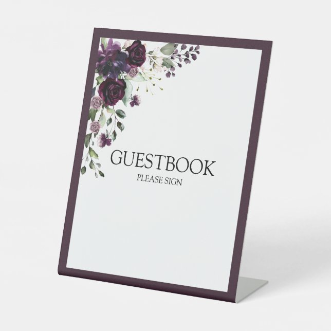 Plum Purple Mauve Floral Watercolor Guestbook Pedestal Sign (Front)