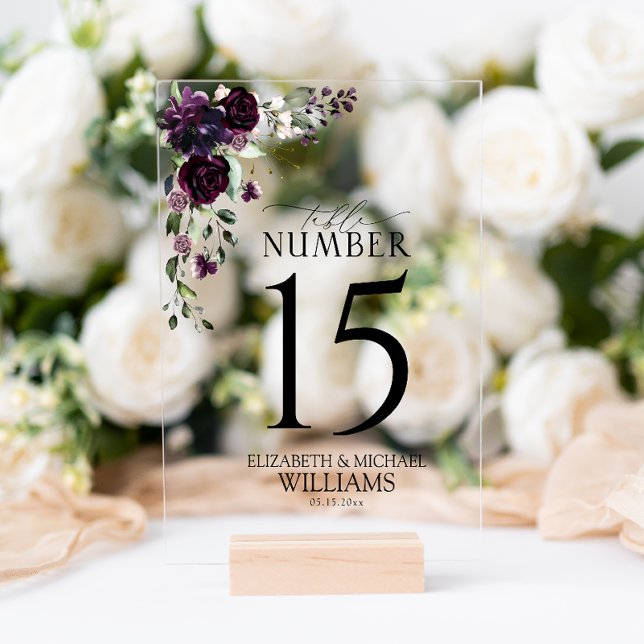 Plum Purple Mauve Floral Watercolor Reception Acrylic Sign (Wedding Table Number!)