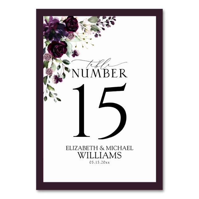 Plum Purple Mauve Floral Watercolor Reception Table Number (Front)