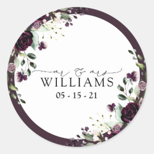 Plum Purple Mauve Floral Watercolor Script Wedding Classic Round Sticker