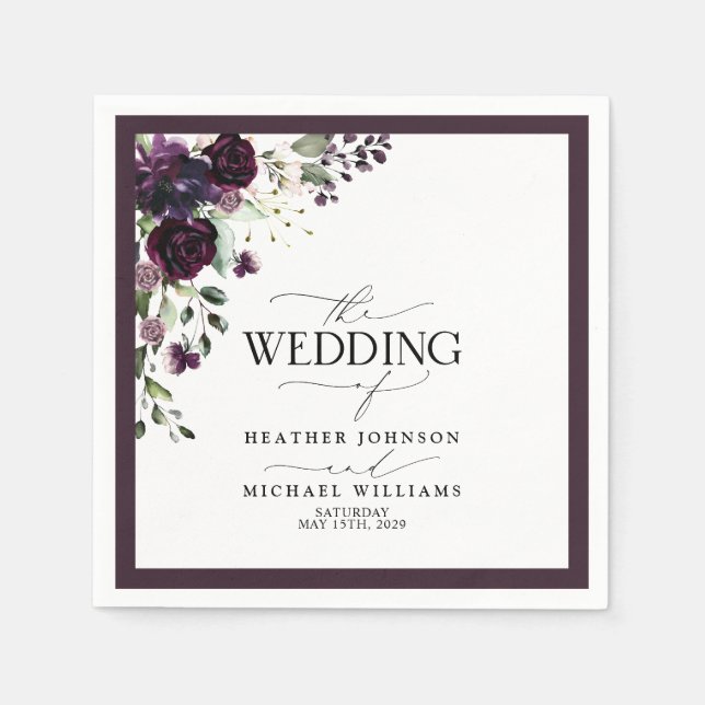 Plum Purple Mauve Floral Watercolor Script Wedding Napkin (Front)