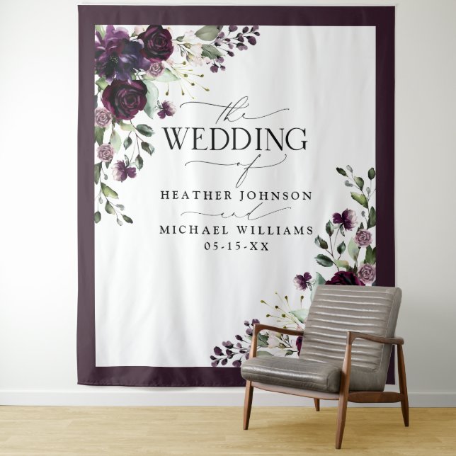 Plum Purple Mauve Floral Watercolor Wedding Photo Tapestry (In Situ)