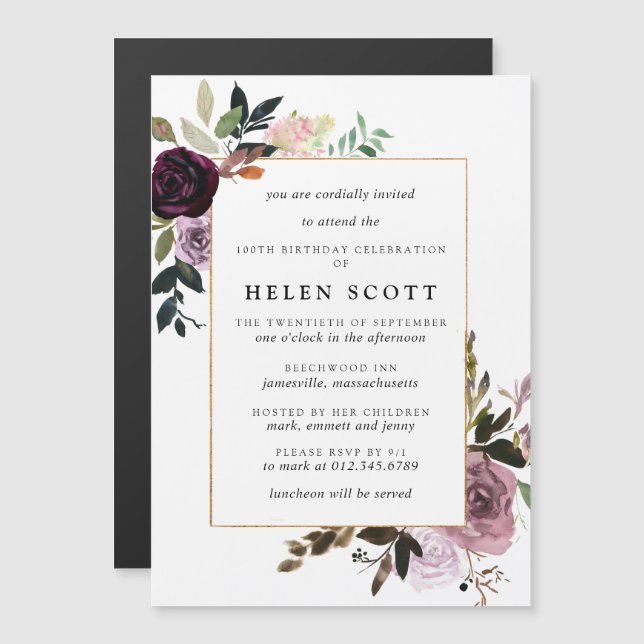 Plum Purple Mauve Pink Floral 100th Birthday Magnetic Invitation (Front/Back)