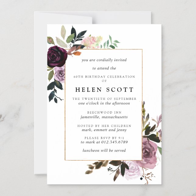 Plum Purple Mauve Pink Floral 60th Birthday Magnetic Invitation (Front)