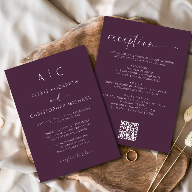 Plum Purple Minimalist All In One Wedding QR Code Invitation (Creator Uploaded)