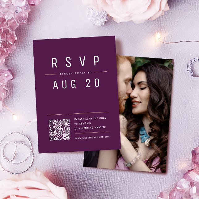 Plum Purple Modern Chic Simple Typography QR code RSVP Card (Plum Purple Modern Chic Simple Typography QR code RSVP Card)