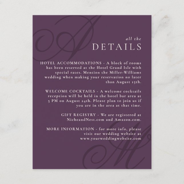 Plum Purple Modern Edge Elegant Monogram Details Enclosure Card (Front)