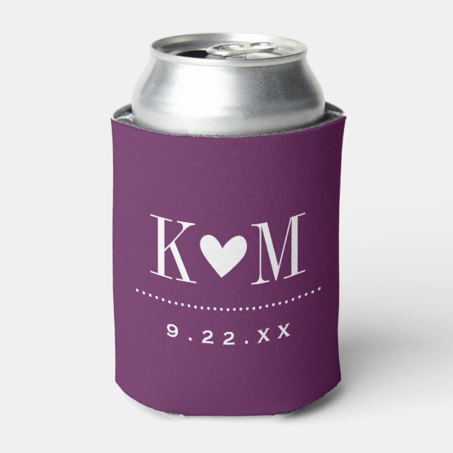 Plum Purple Modern Wedding Monogram Can Cooler (Can Front)