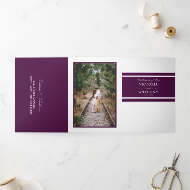 Plum Purple Modern Wedding Suite Tri-Fold Invitation (Outside)
